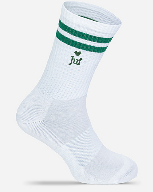 Geborduurde 'Juf' Retro Sportsokken – Origineel Einde Schooljaar Cadeau